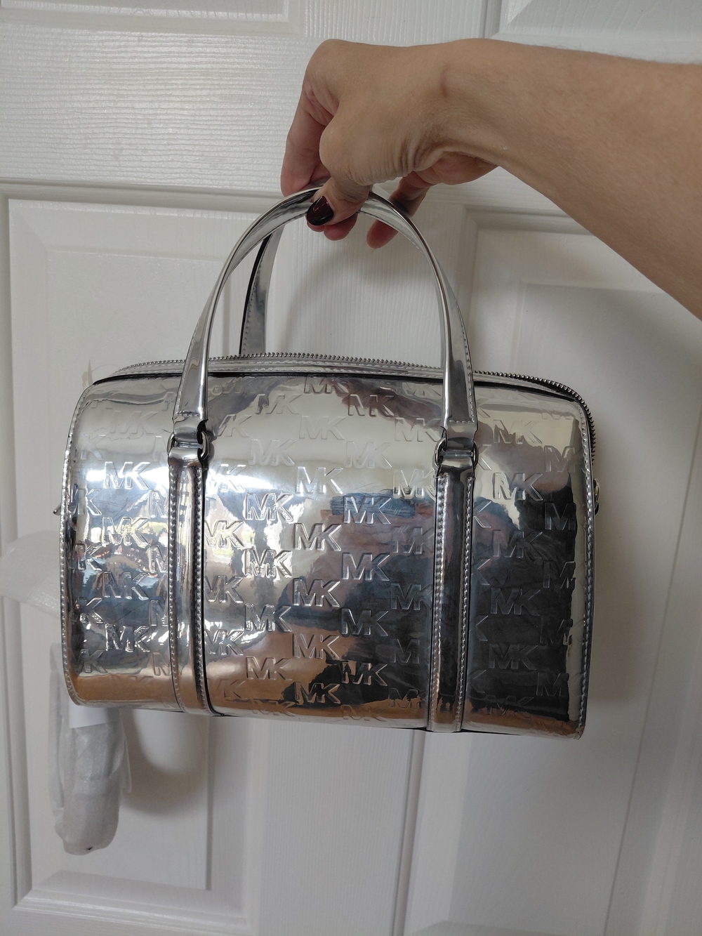 Michael Kors Silver Embossed Logo Satchel